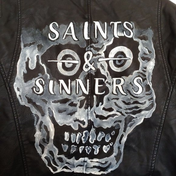 Levi's faux leather bomber jacket painted Saints & Sinners graphic on back.  Med - Picture 11 of 16